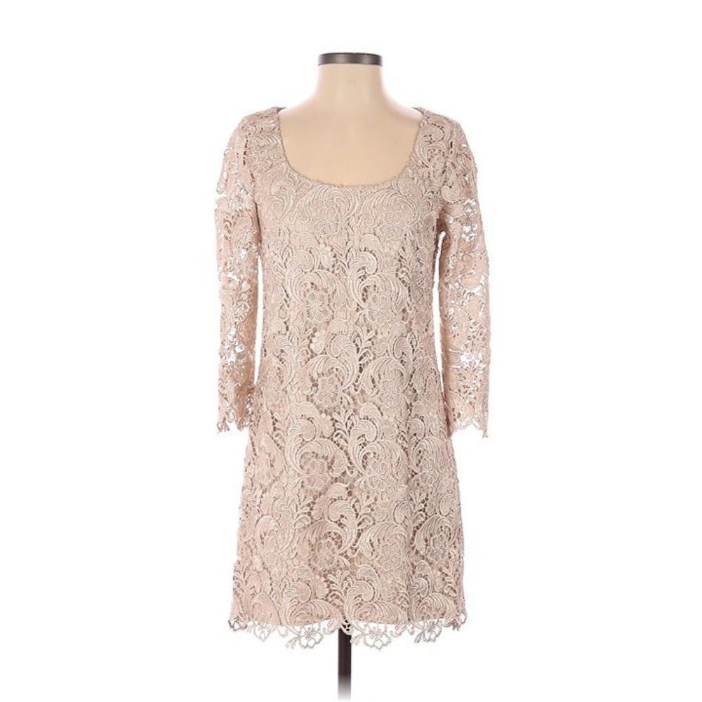 White House Black Market Champagne/Ecru Lace Mini Shift Dress 0/2/4